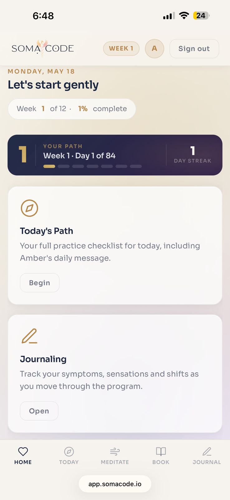 The Soma Code app — Home